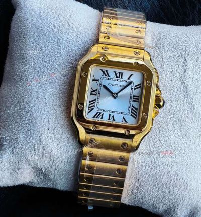 Cartier Santos 27*34mm Quartz Movement YG Case/Band White Face Square Lady Watch
